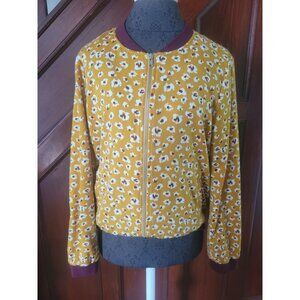 Skies Are Blue Mustard Floral Print Bomber Jacket M Long Sleeve Zip-Up Ribbed Tr